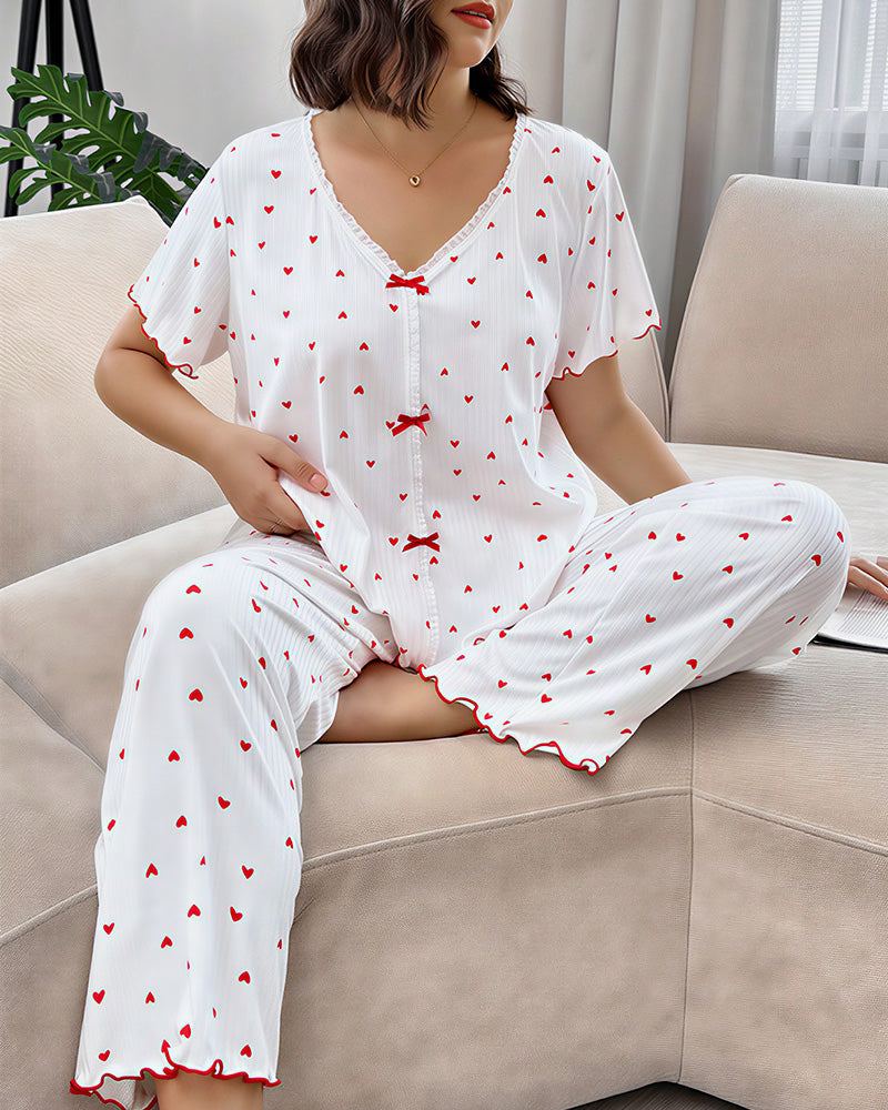 Willluxe® Plus Size Heart Print V-Neck Short Sleeve Pajama Set