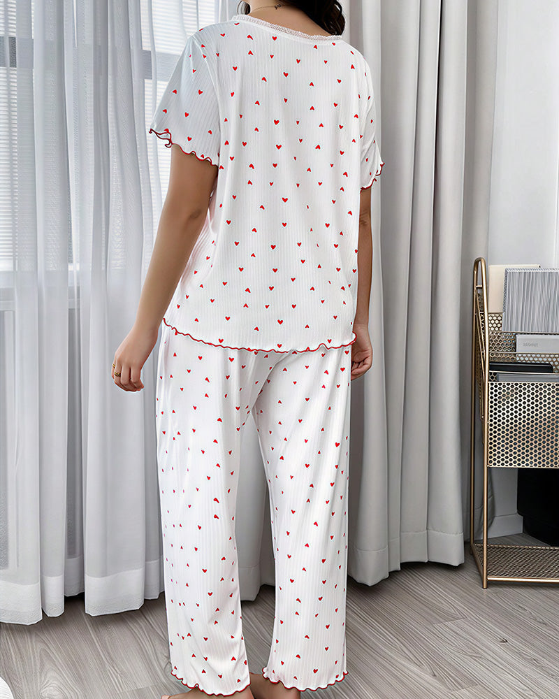 Willluxe® Plus Size Heart Print V-Neck Short Sleeve Pajama Set