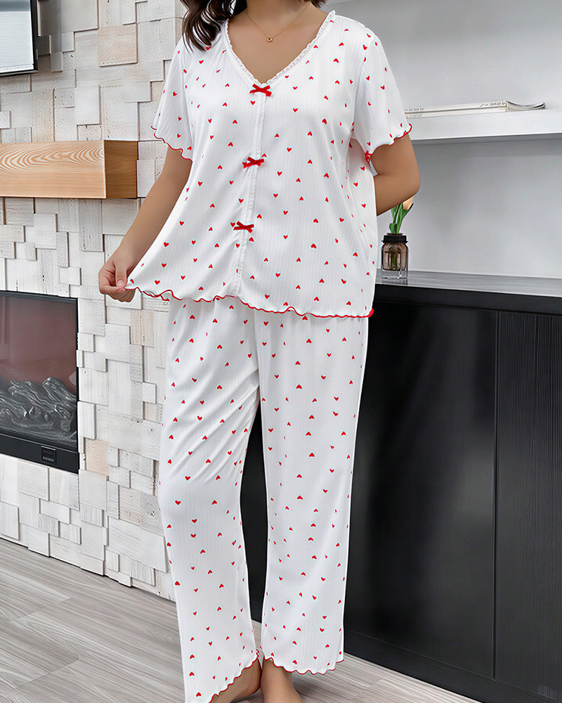 Willluxe® Plus Size Heart Print V-Neck Short Sleeve Pajama Set