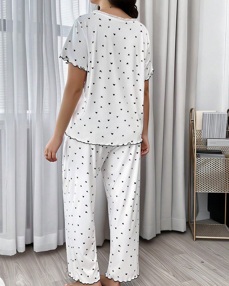 Willluxe® Plus Size Heart Print V-Neck Short Sleeve Pajama Set