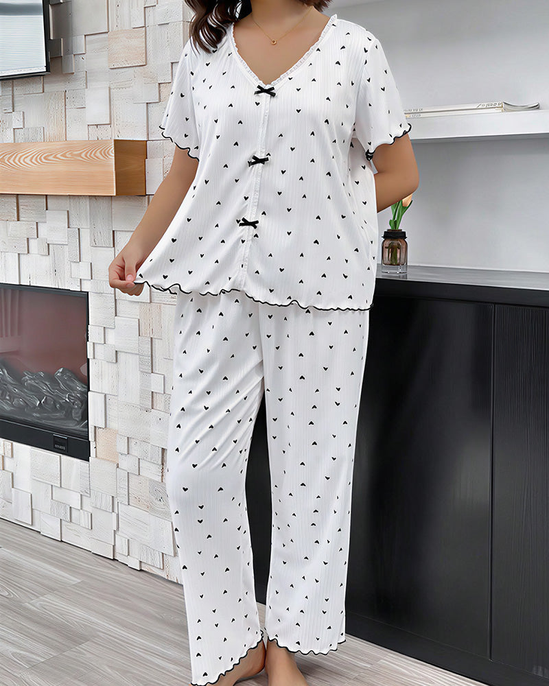 Willluxe® Plus Size Heart Print V-Neck Short Sleeve Pajama Set