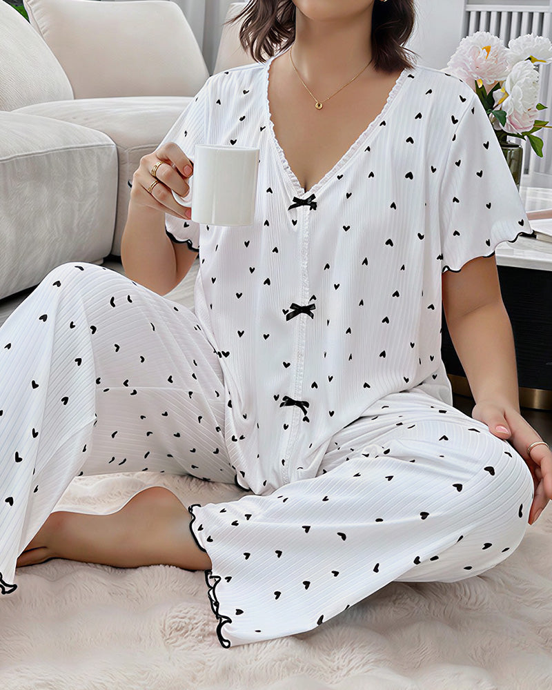 Willluxe® Plus Size Heart Print V-Neck Short Sleeve Pajama Set