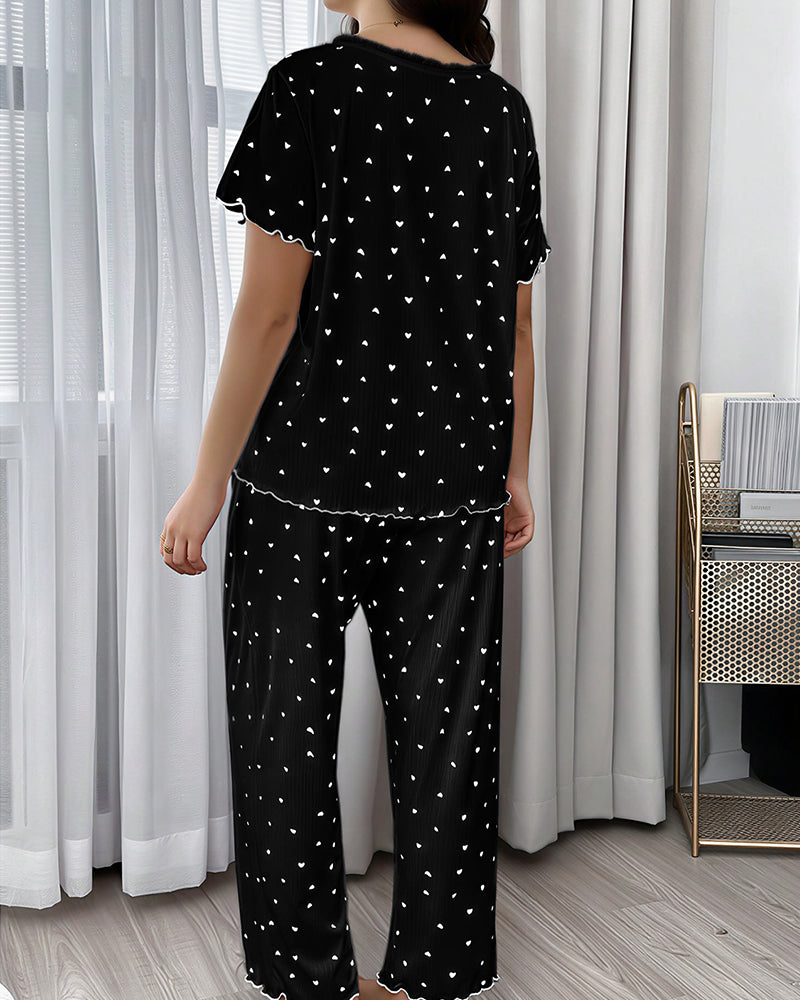 Willluxe® Plus Size Heart Print V-Neck Short Sleeve Pajama Set