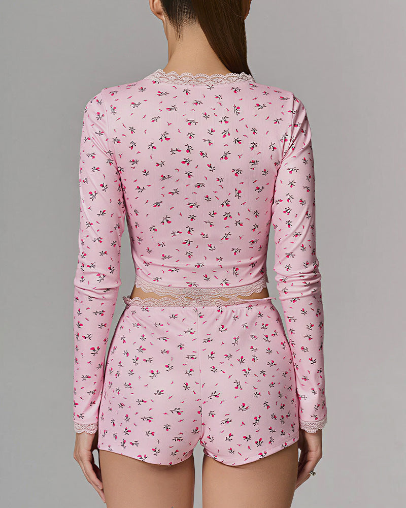 Willluxe® Floral Ribbed Loungewear Set Lace Trim Crop Top & Shorts