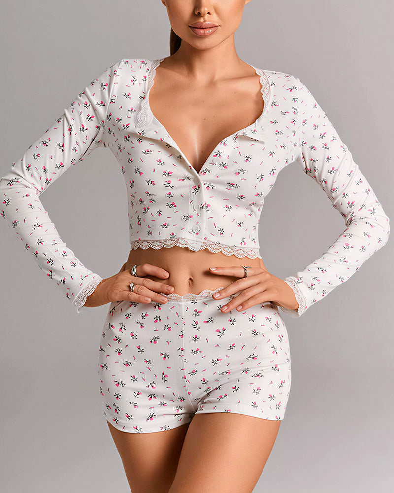 Willluxe® Floral Ribbed Loungewear Set Lace Trim Crop Top & Shorts