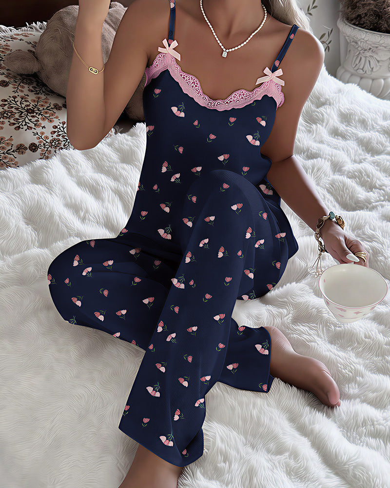 Willluxe® Floral Lace Trim Cami & Pants Lounge Set