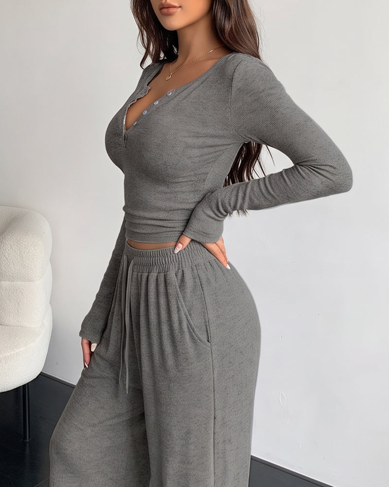 Willluxe® V-Neck Crop Top & Wide Leg Pants Lounge Set