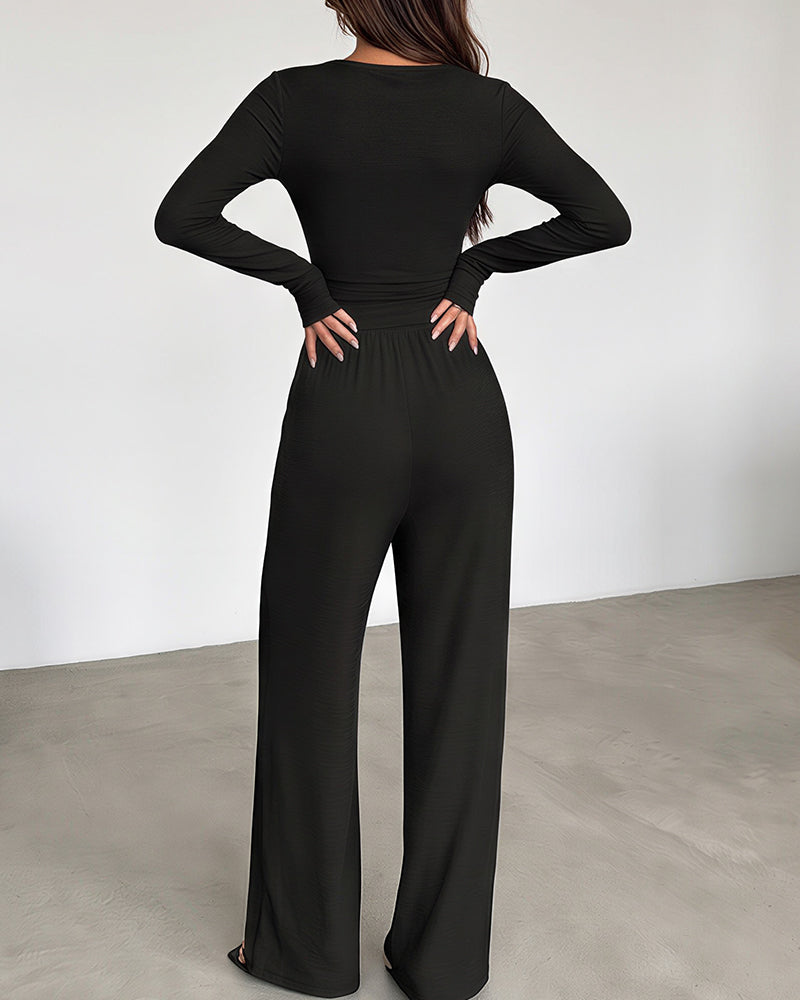 Willluxe® V-Neck Crop Top & Wide Leg Pants Lounge Set