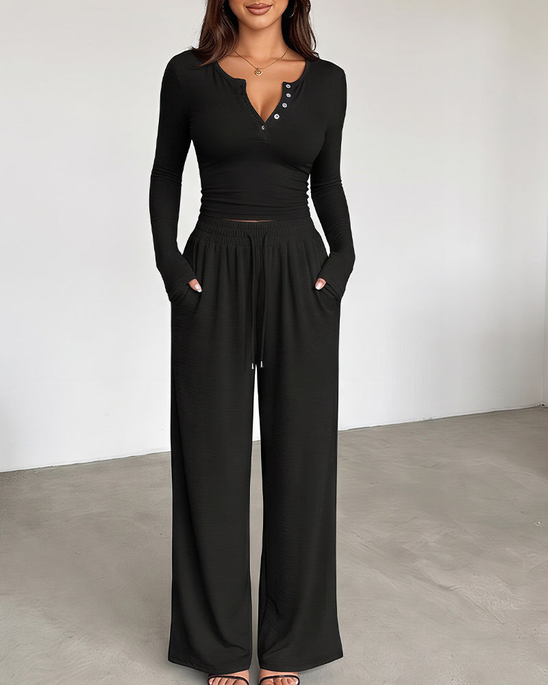 Willluxe® V-Neck Crop Top & Wide Leg Pants Lounge Set