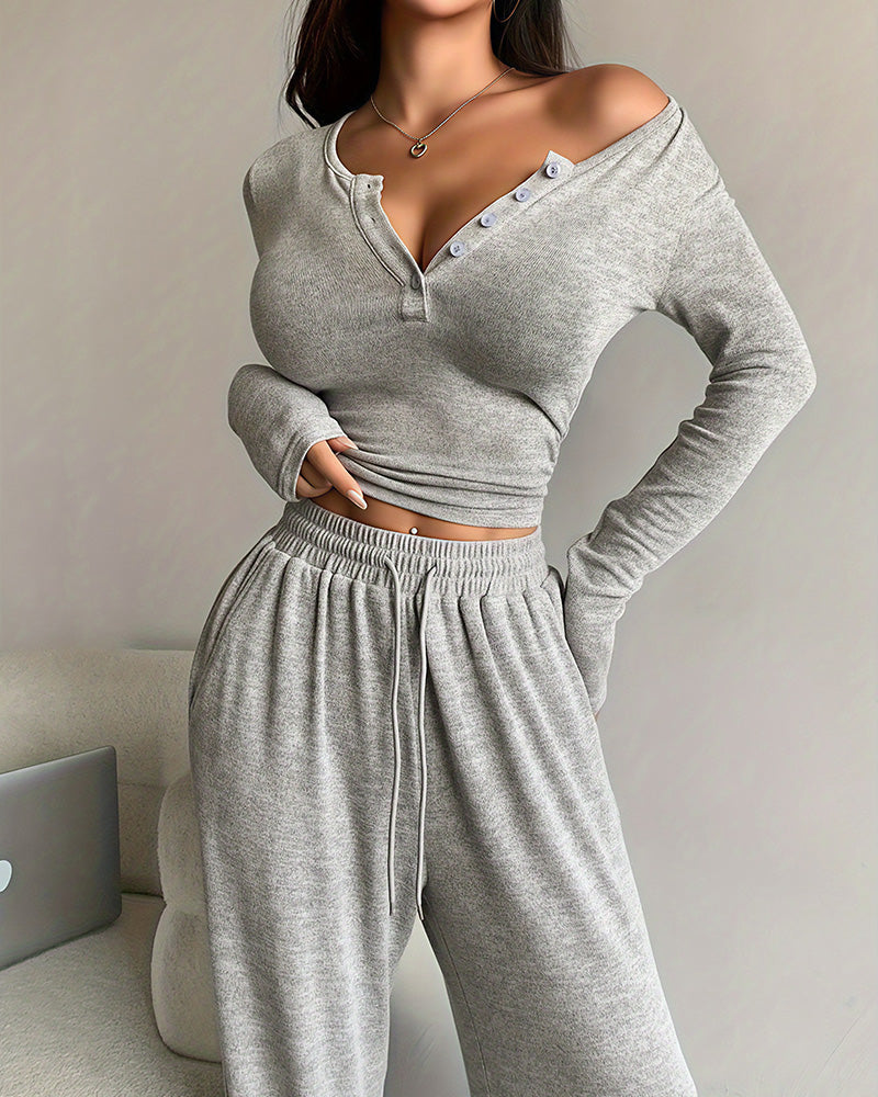 Willluxe® V-Neck Crop Top & Wide Leg Pants Lounge Set
