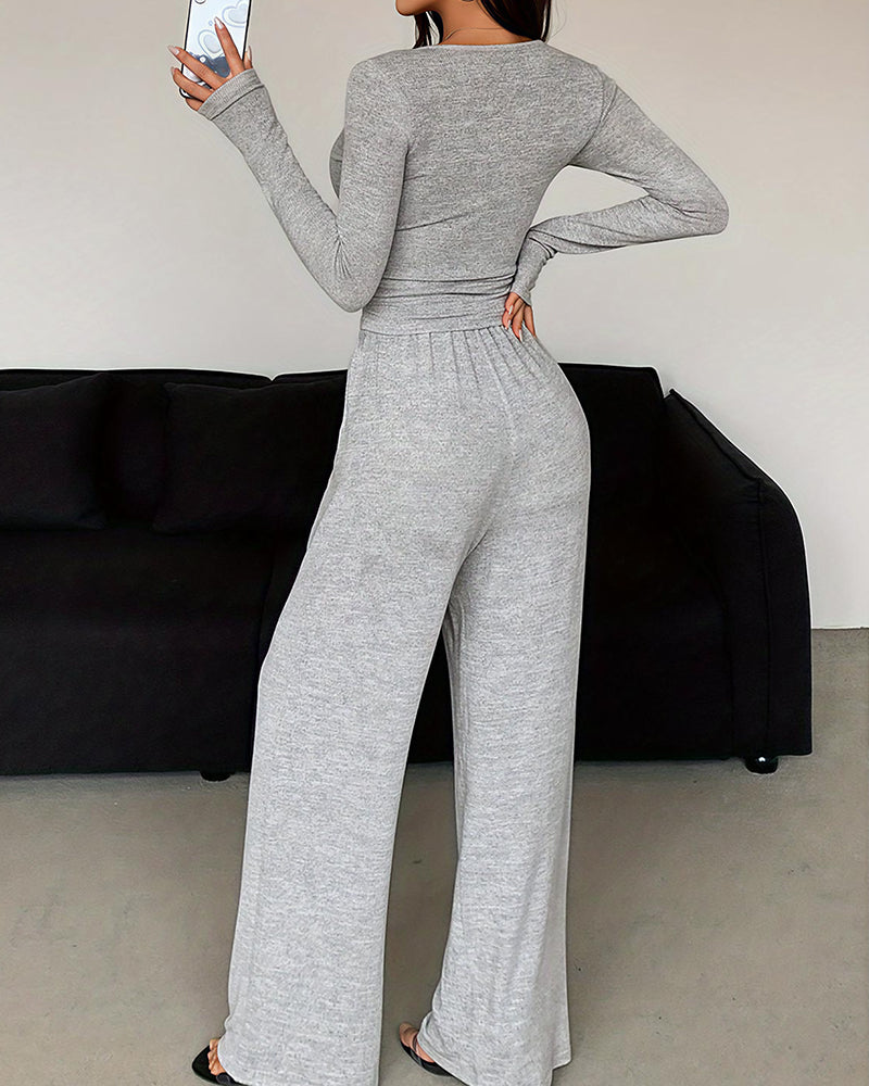 Willluxe® V-Neck Crop Top & Wide Leg Pants Lounge Set
