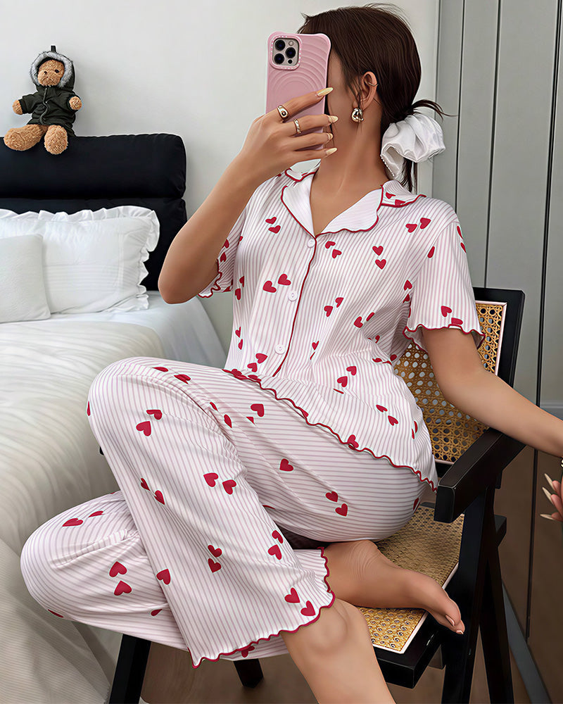Willluxe® Heart Print Short Sleeve Pajama Set V-Neck Sleepwear