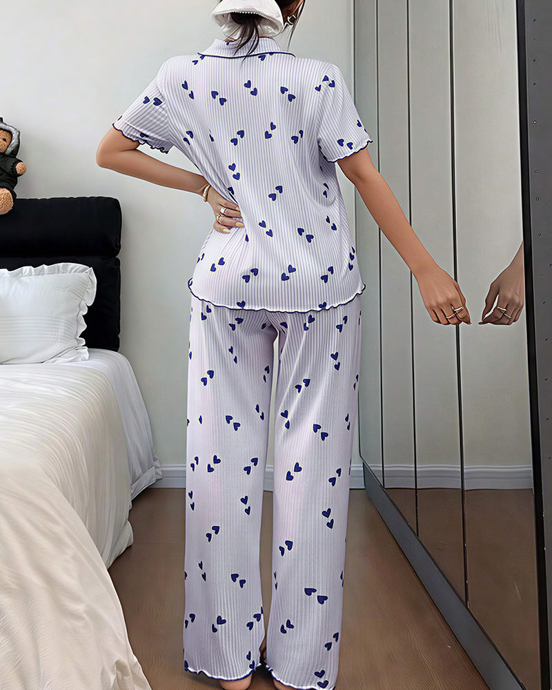 Willluxe® Heart Print Short Sleeve Pajama Set V-Neck Sleepwear