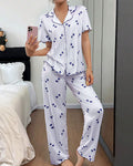 Willluxe® Heart Print Short Sleeve Pajama Set V-Neck Sleepwear