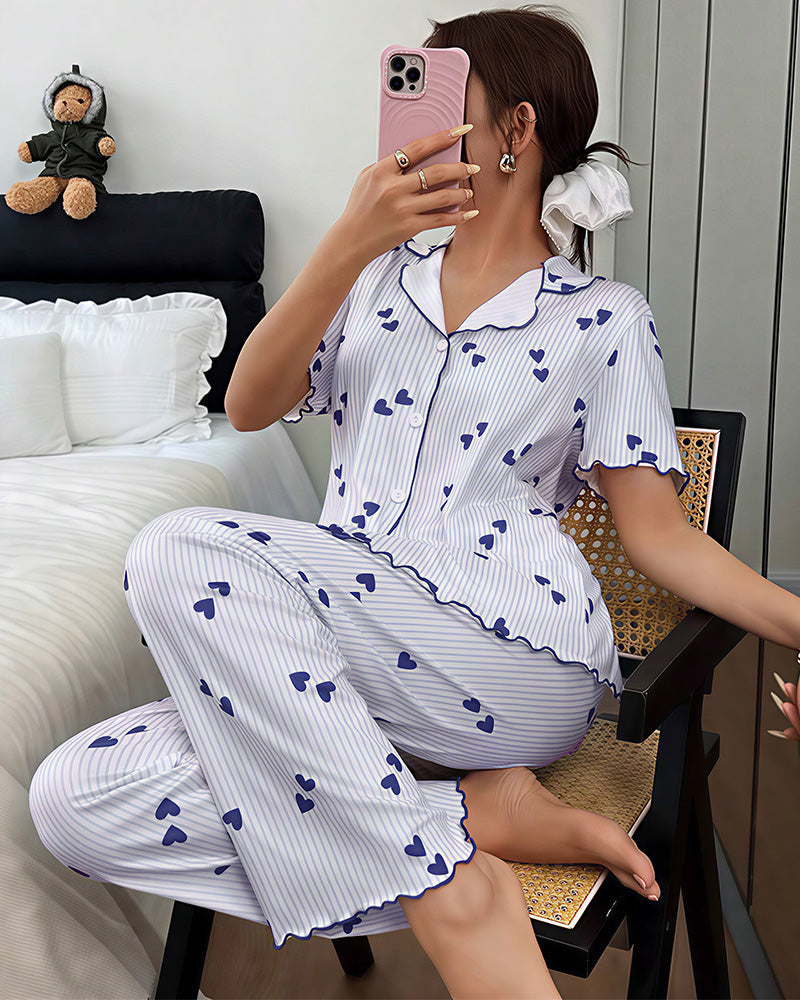 Willluxe® Heart Print Short Sleeve Pajama Set V-Neck Sleepwear