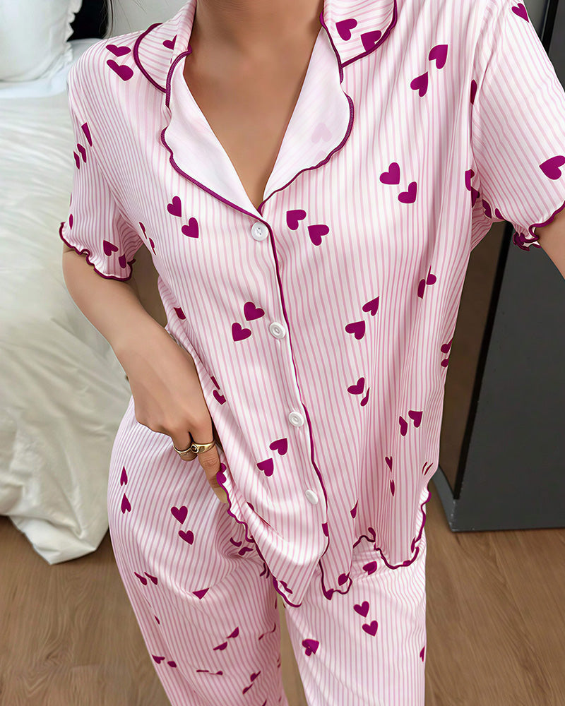 Willluxe® Heart Print Short Sleeve Pajama Set V-Neck Sleepwear