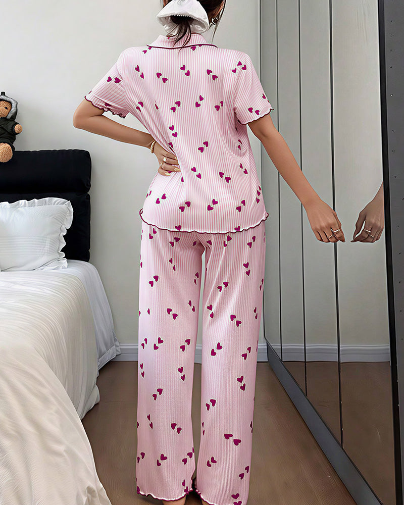 Willluxe® Heart Print Short Sleeve Pajama Set V-Neck Sleepwear