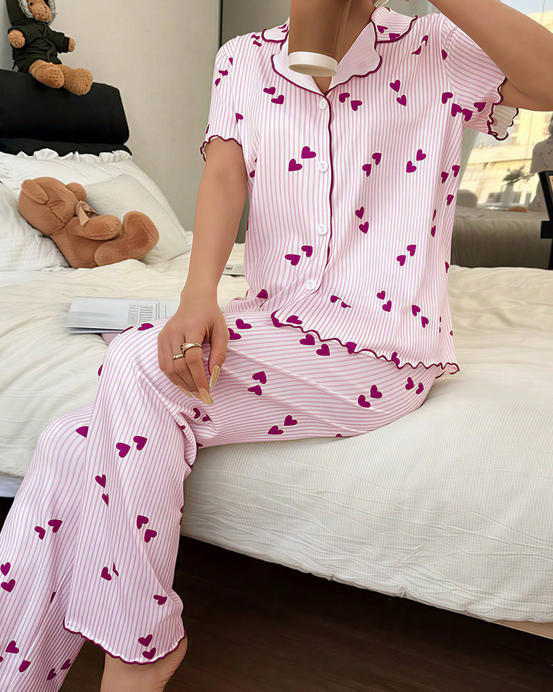 Willluxe® Heart Print Short Sleeve Pajama Set V-Neck Sleepwear
