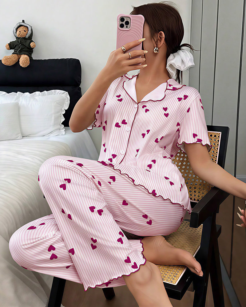 Willluxe® Heart Print Short Sleeve Pajama Set V-Neck Sleepwear