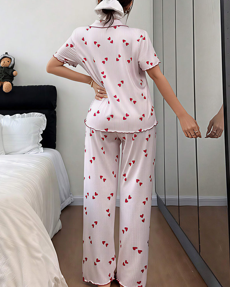 Willluxe® Heart Print Short Sleeve Pajama Set V-Neck Sleepwear