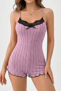 Willluxe® Butterfly Lace Open Back Ribbed Sleep Romper