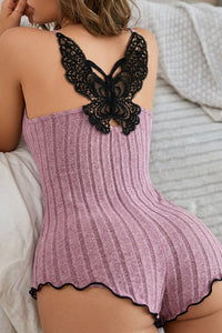 Willluxe® Butterfly Lace Open Back Ribbed Sleep Romper