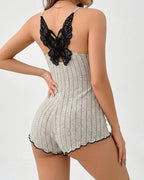 Willluxe® Butterfly Lace Open Back Ribbed Sleep Romper