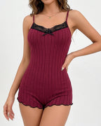 Willluxe® Butterfly Lace Open Back Ribbed Sleep Romper