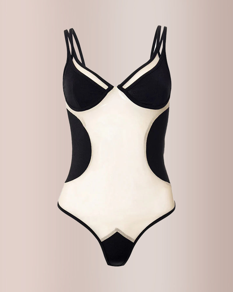 Willluxe® Trendy Black Tulle Patchwork Sheer Bodysuit Swimwear