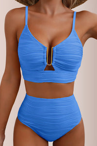 Willluxe® U-Shaped Cutout High-Waisted Textured Swimsuit Set