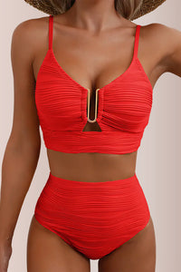 Willluxe® U-Shaped Cutout High-Waisted Textured Swimsuit Set