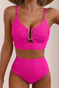 Willluxe® U-Shaped Cutout High-Waisted Textured Swimsuit Set