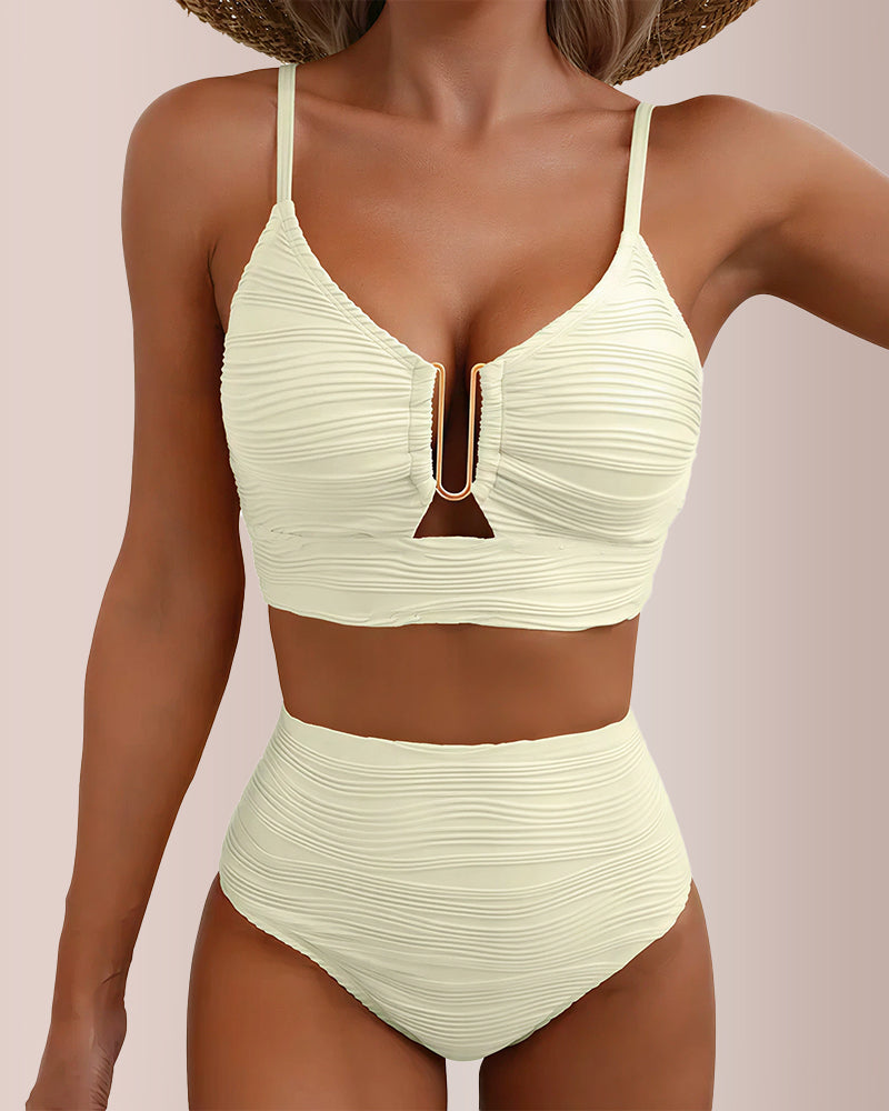 Willluxe® U-Shaped Cutout High-Waisted Textured Swimsuit Set