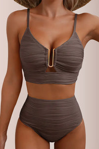 Willluxe® U-Shaped Cutout High-Waisted Textured Swimsuit Set