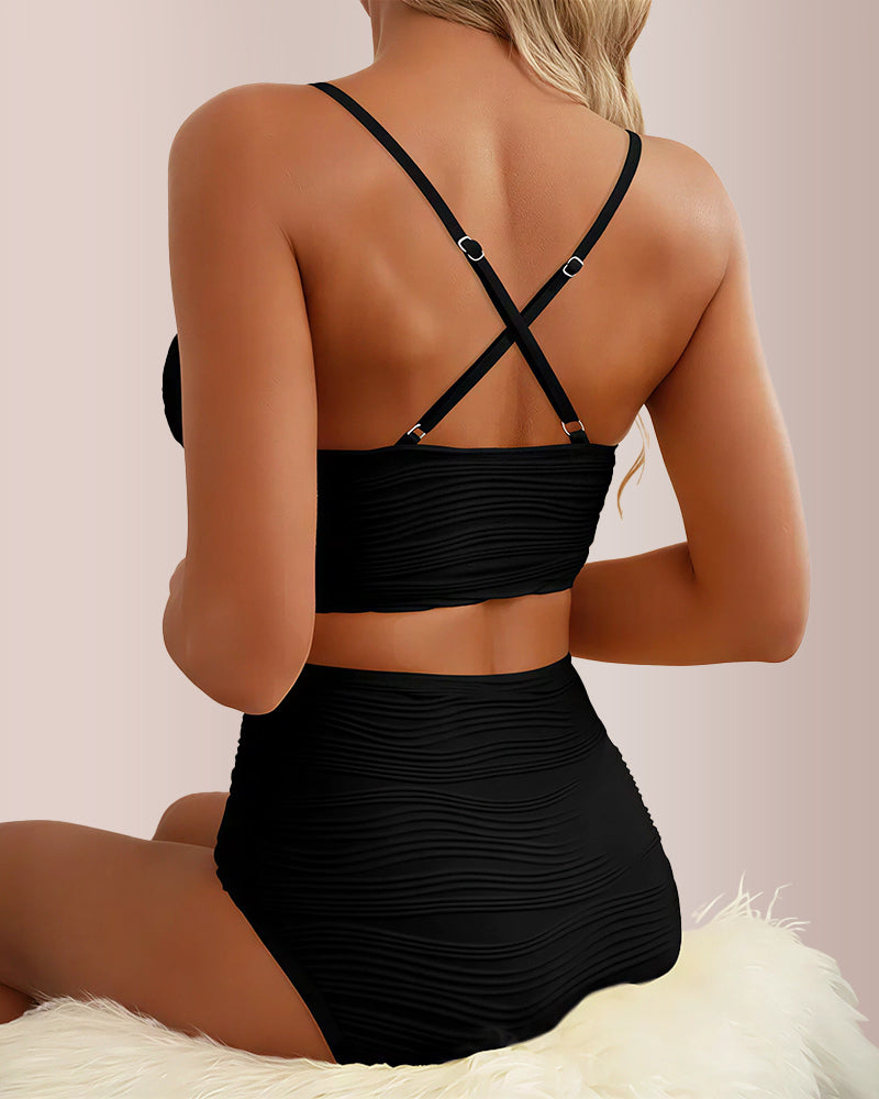 Willluxe® U-Shaped Cutout High-Waisted Textured Swimsuit Set