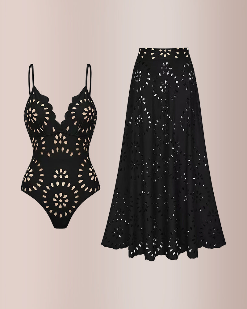 Willluxe® Laser Cut One-Piece Swimwear & Cover Skirt Set