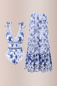 Willluxe® V Neck Lace Up Printed One Piece Swimwear and Skirt