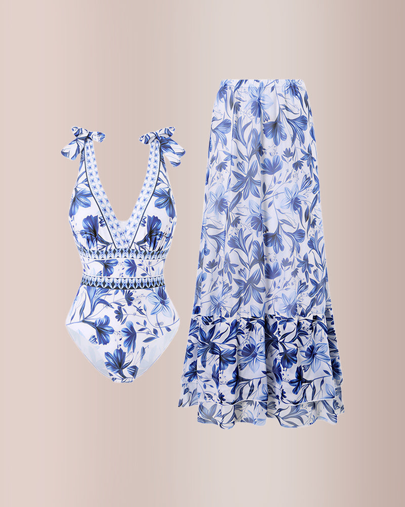 Willluxe® V Neck Lace Up Printed One Piece Swimwear and Skirt