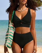 Willluxe® Textured Knot-Front High-Waisted Bikini Swimwear