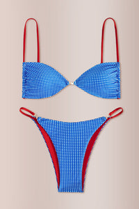 Willluxe® Blue Gingham Triangle Red-Strap Bikini Swimwear
