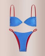 Willluxe® Blue Gingham Triangle Red-Strap Bikini Swimwear