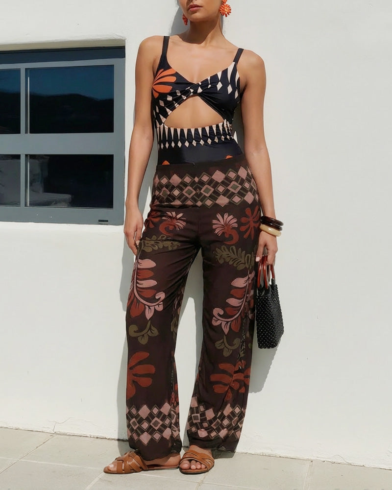 Willluxe®Retro Print Mesh Pant Modest Swimsuit Set