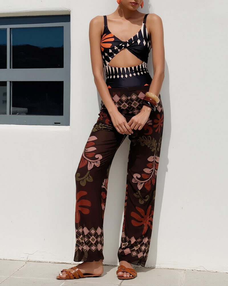 Willluxe®Retro Print Mesh Pant Modest Swimsuit Set