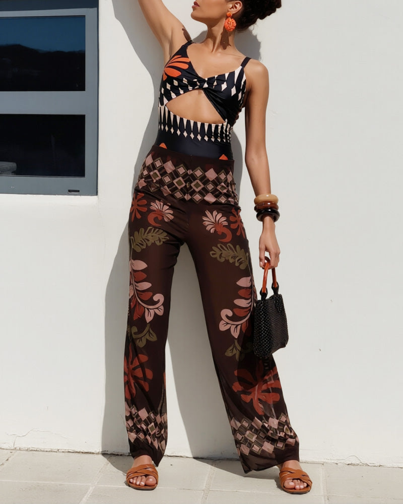 Willluxe®Retro Print Mesh Pant Modest Swimsuit Set