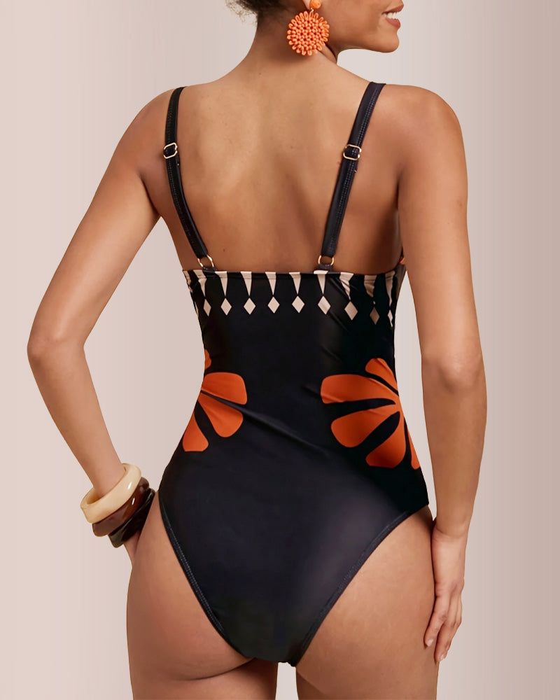 Willluxe®Retro Print Mesh Pant Modest Swimsuit Set