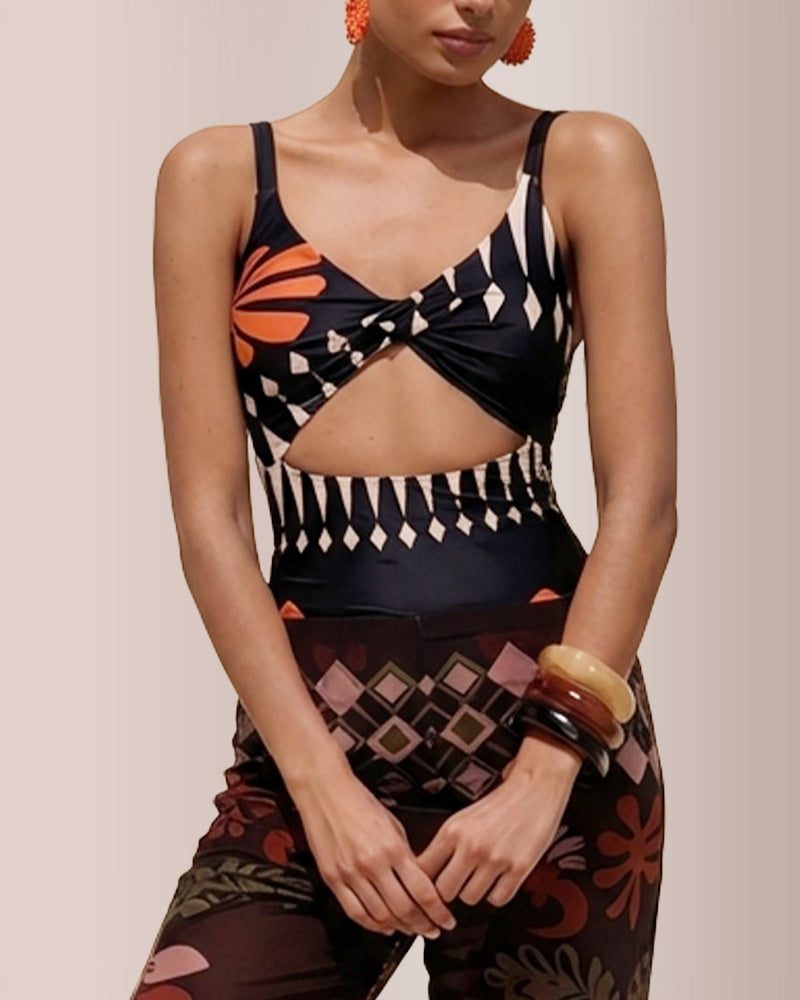 Willluxe®Retro Print Mesh Pant Modest Swimsuit Set