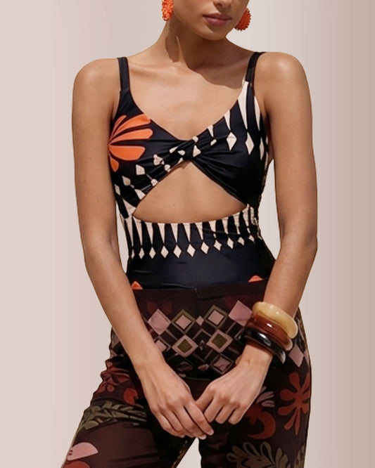 WILLLUXE®Retro Print Mesh Pant Modest Swimsuit Set