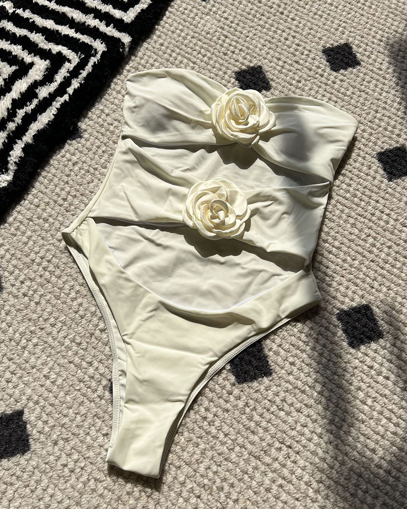 Willluxe®Tricolore Strapless Floral Appliqué One-Piece Swimsuit