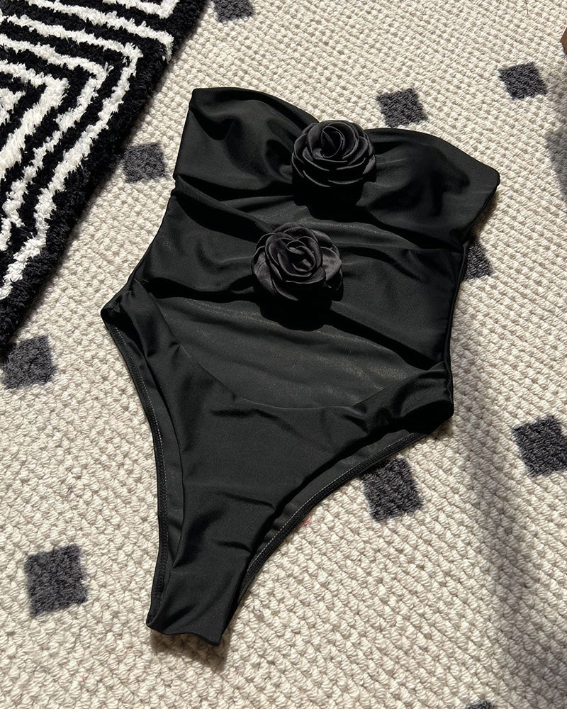 Willluxe®Tricolore Strapless Floral Appliqué One-Piece Swimsuit