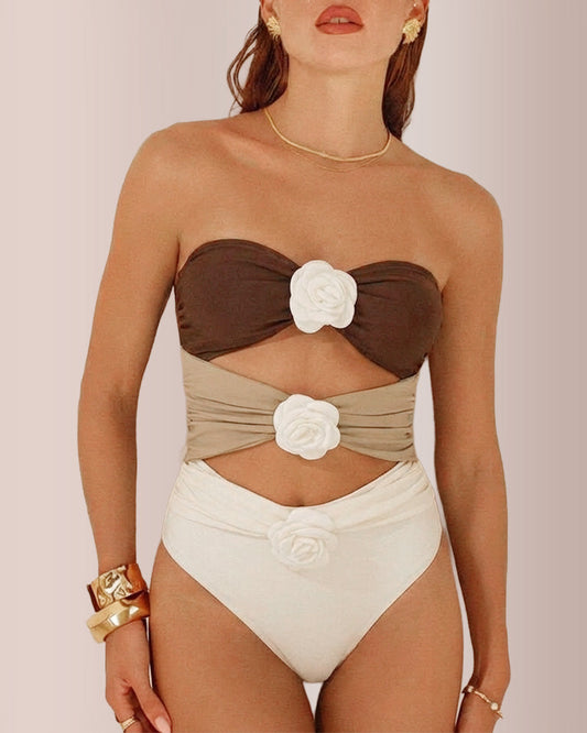 WILLLUXE®Tricolore Strapless Floral Appliqué One-Piece Swimsuit